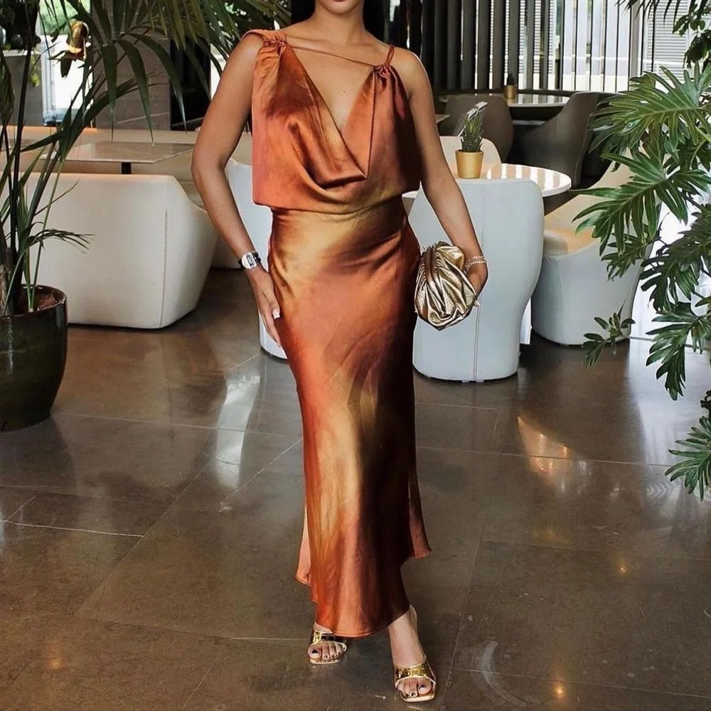 🌅 Orange tie dye sunset printed silky satin strappy open back midi slip dress - Picture 9 of 9
